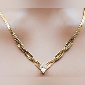 Marquise Cut Faux Diamond Gold Plated Necklace Vintage Choker Crystal Pendant